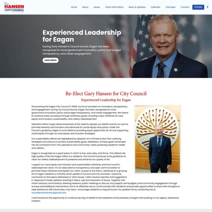 City council re-election campaign website focused on experience and civic leadership