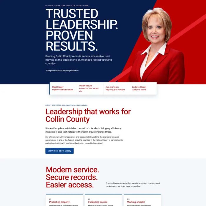 Modern county clerk re-election website focused on service and results