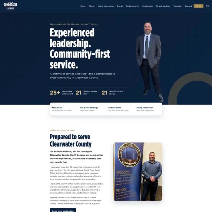 Sheriff campaign website design highlighting law-enforcement and leadership credentials