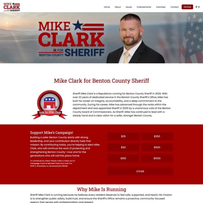 Sheriff political campaign website with bold red and navy branding
