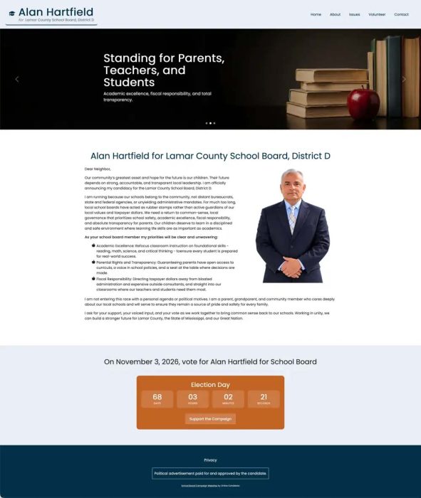 Issue-focused school board campaign website design with books and classroom imagery